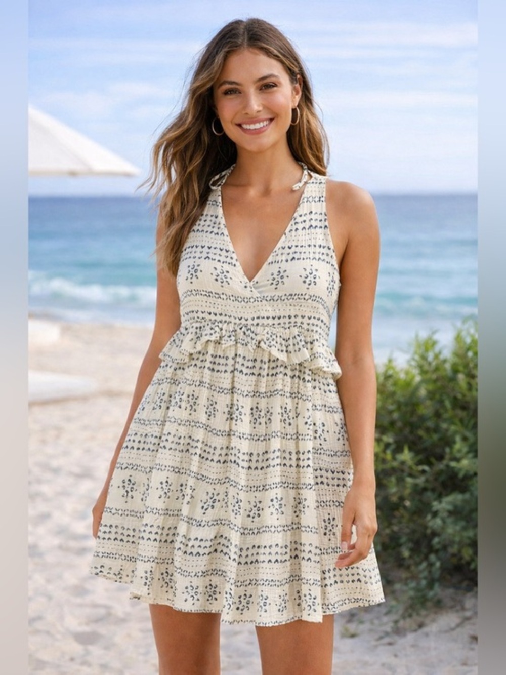 Cream Navy Boho Halter Tie Back Tiered Babydoll Mini Dress Size L